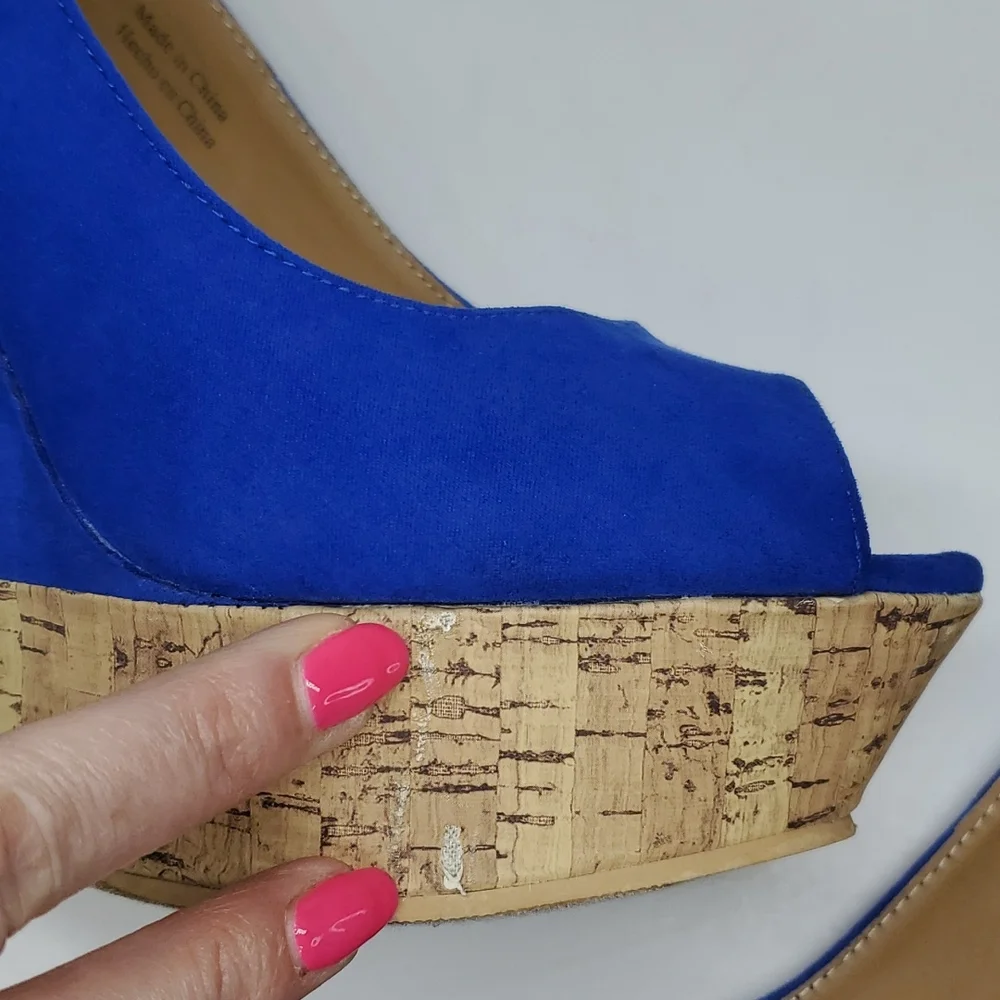 Forever 21 Blue Faux Suede Cork Like Wedge Peep Toe Platform Shoes 8